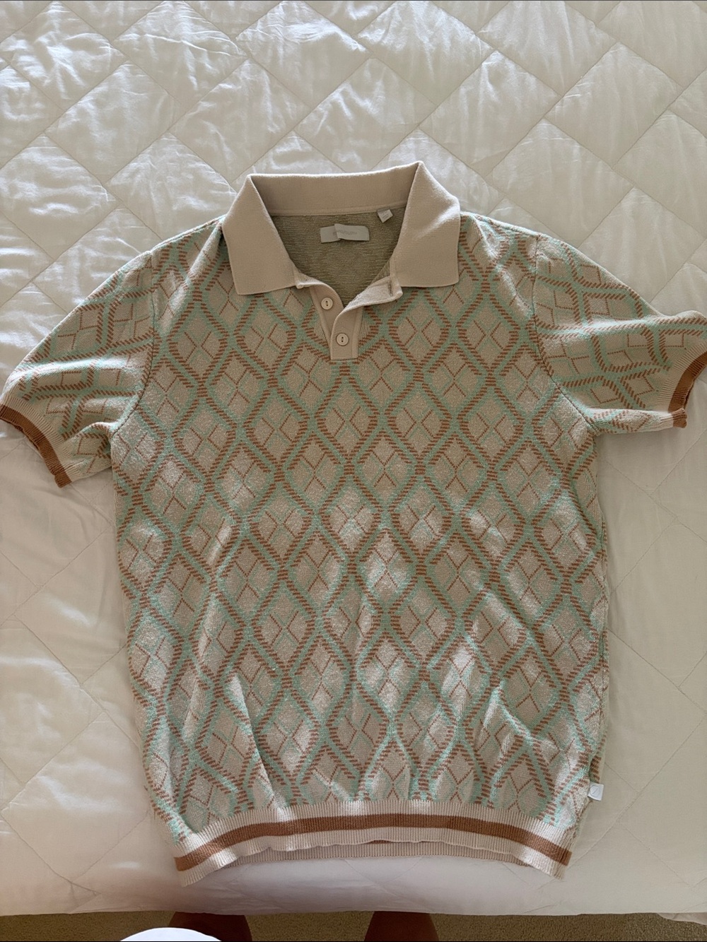 Men's Short Sleeve Polo Knit Shirt in Beige & Mint